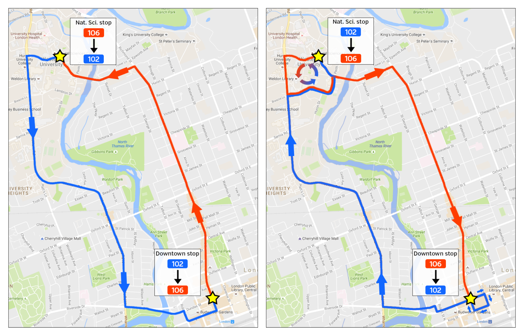 LTC routes 102 and 106 routes illustration